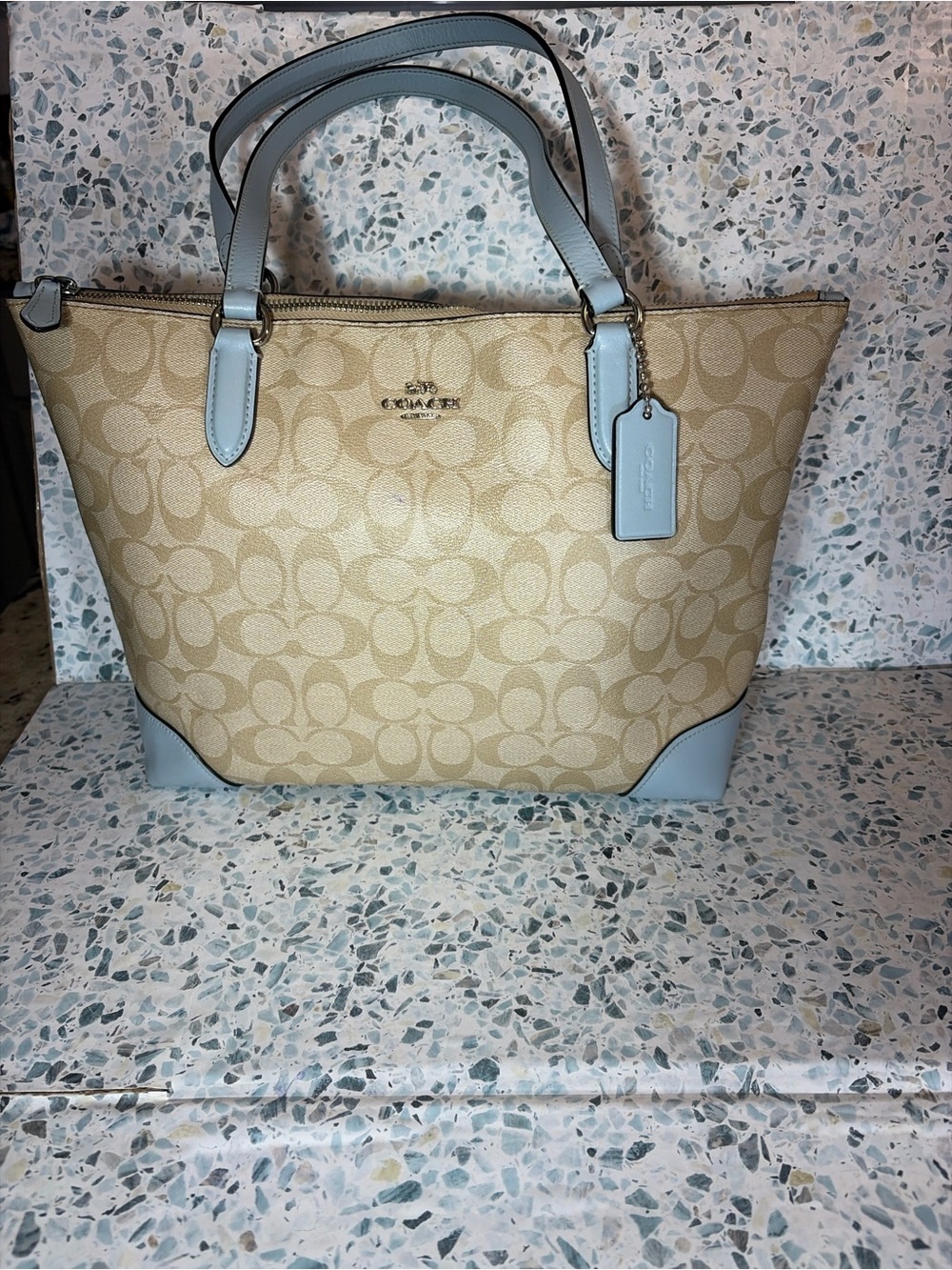 Coach City Zip Tote Signature Canvas Khaki Powder Blue F29208 - Picture 2 of 8